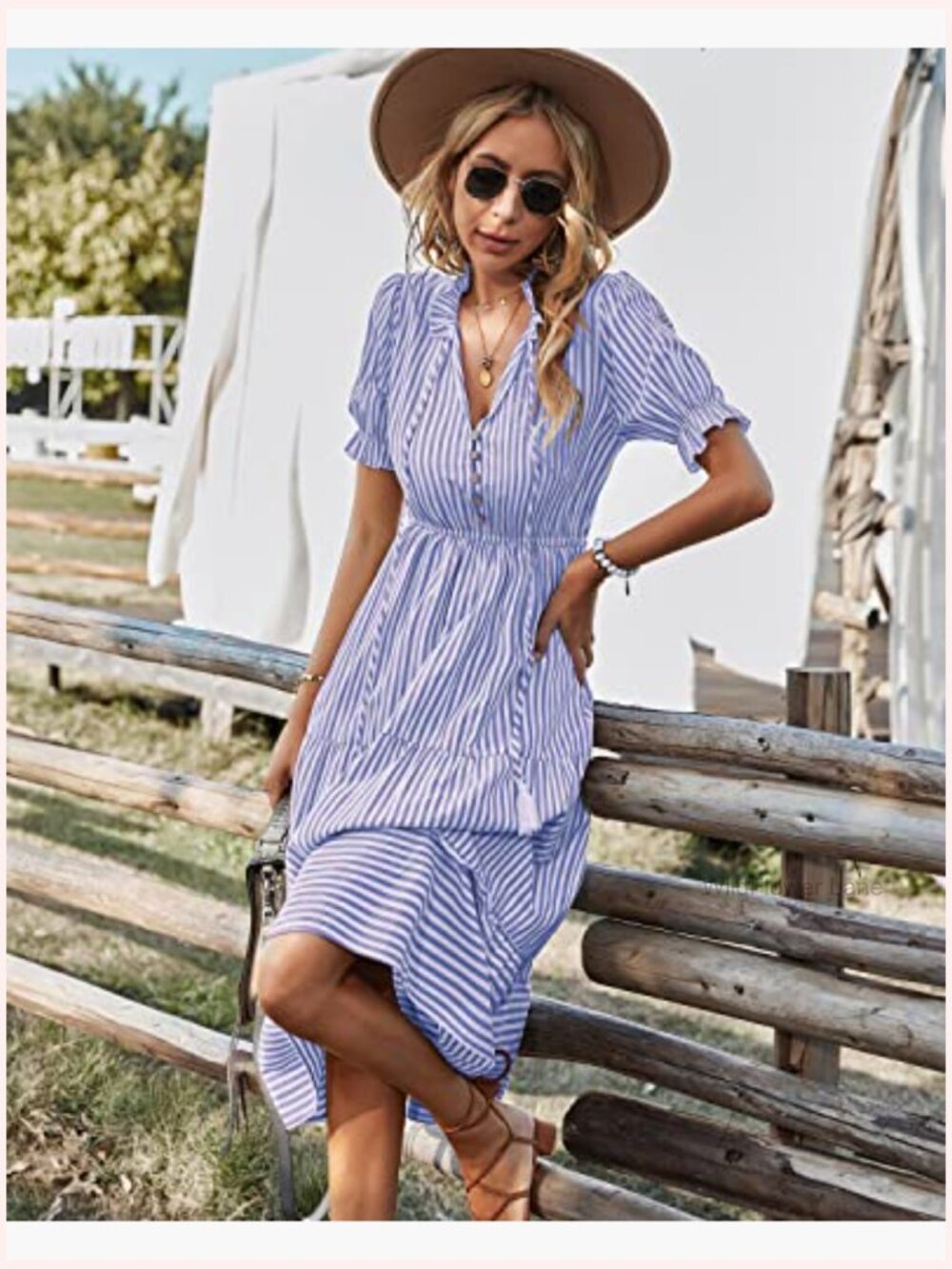 Women's Summer Ruffle Puff Sleeve V-Neck High Waist Midi Striped Dress - Picture 3 of 7